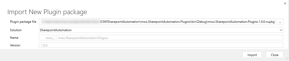 In the dialog, select your .nupkg file and the solution. Then hit import.