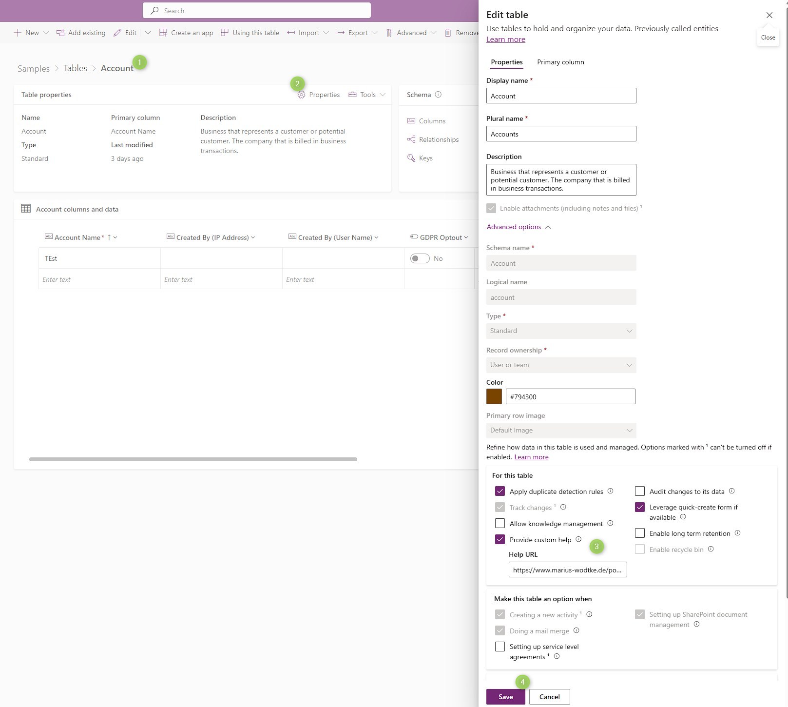 Custom help is found under the advanced options of the table properties