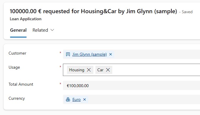 The result is a descriptive sentence of the loan application.