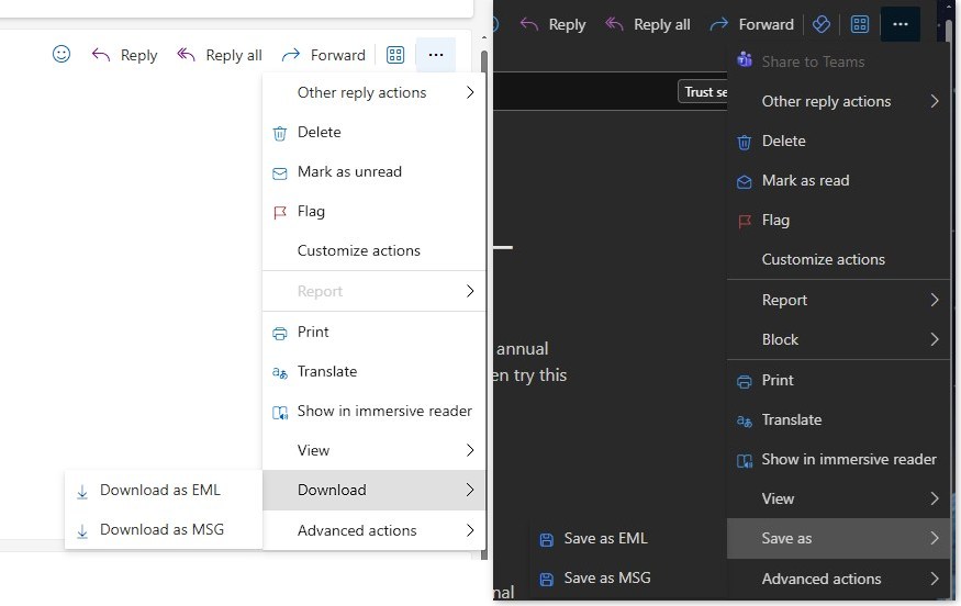 Left: outlook.com; Right: New Outlook client