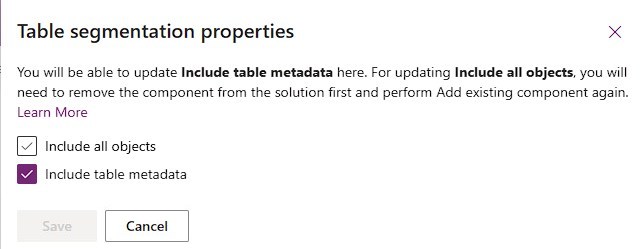 The checkmarks of Table Segmentation Properties are the same as the first step of Add Existing Table