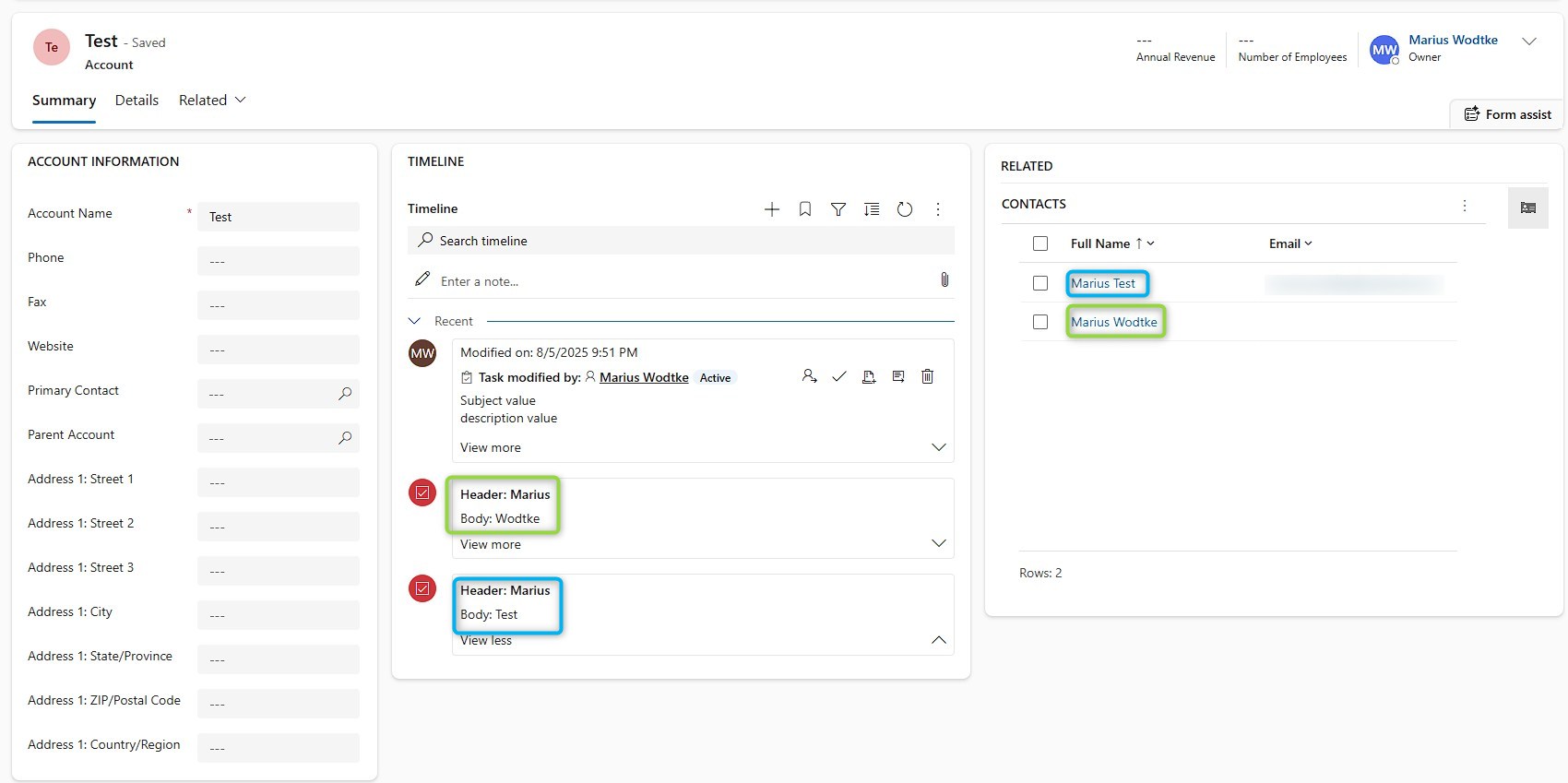 Both contacts from the grid are now present in the timeline.